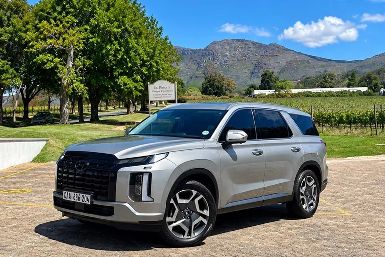 Silver Hyundai Palisade Elite parked at a Cape Winelands estate, mountains behind