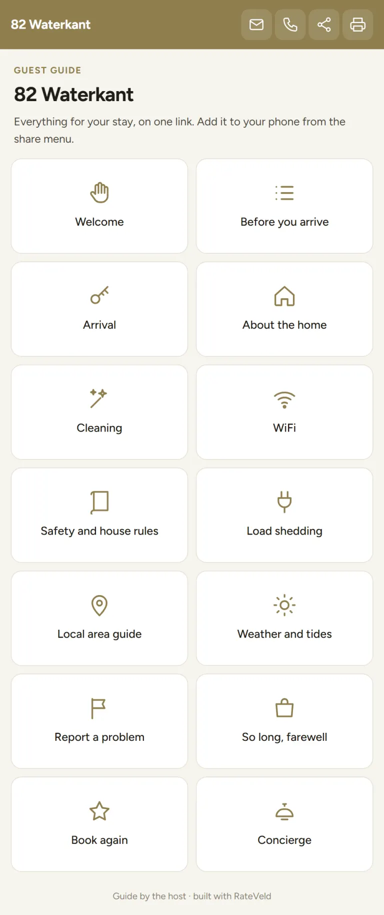 The Concierge tile in the guest guide home grid, next to WiFi and arrival