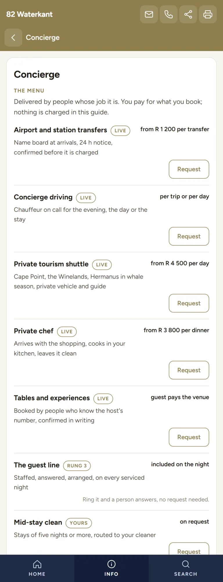 The Concierge tile open: the menu with price bands and a Request button on each item