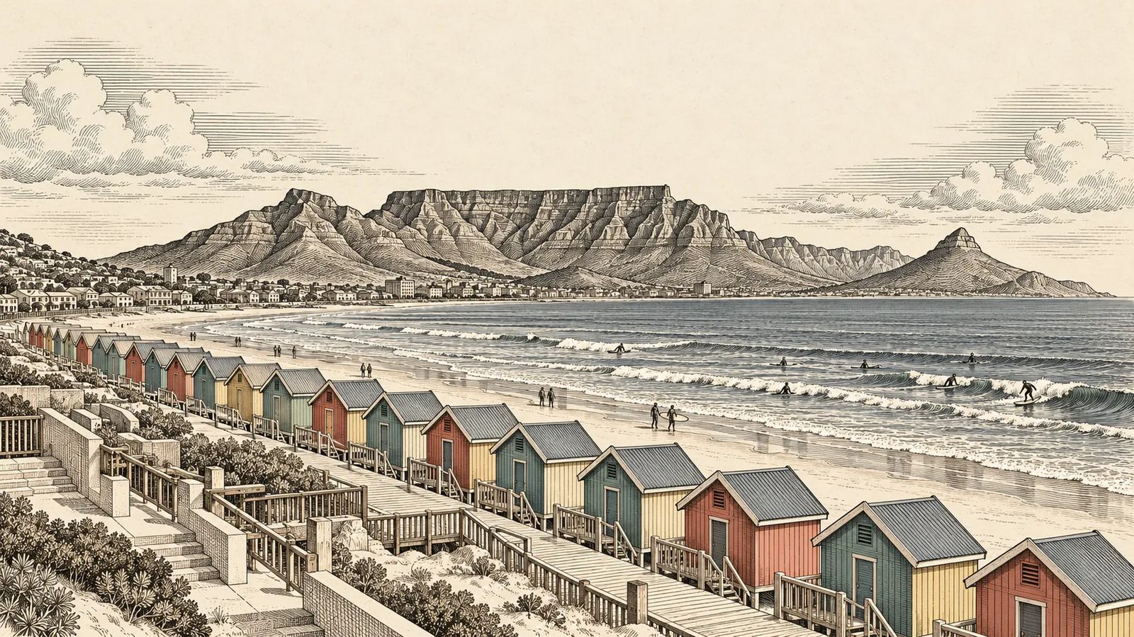 Engraved illustration of a row of painted beach huts and surfers, with Table Mountain across the bay